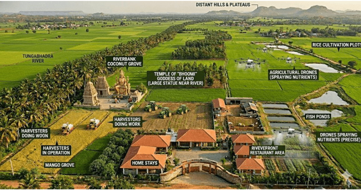 Annotated agricultural landscape with waterways, crops, and future amenities